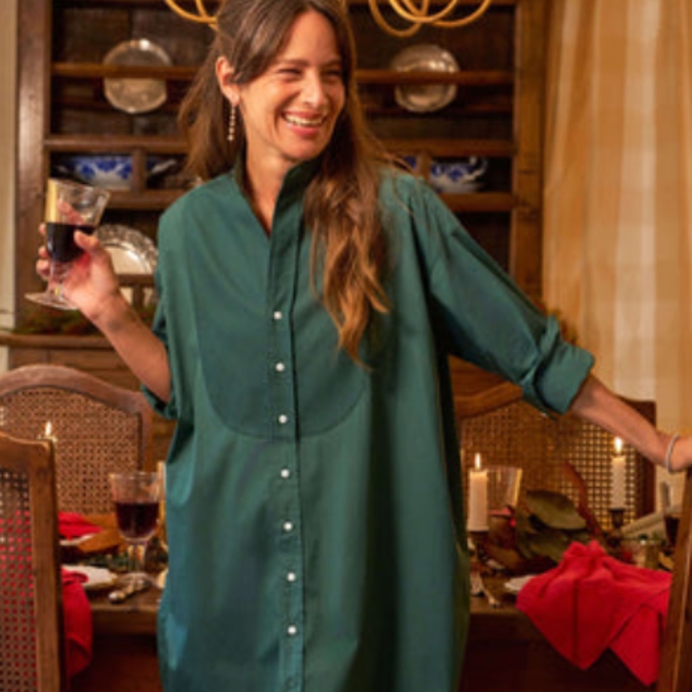 Frank & Eileen Tori” Italian Cotton Tuxedo Button Up Shirtdress Green W Pockets - Picture 2 of 7